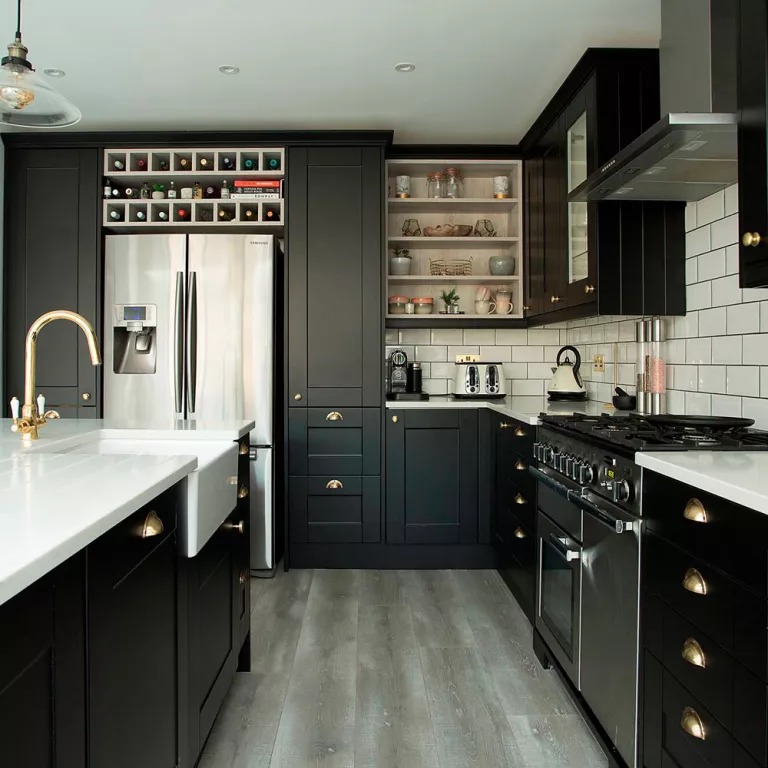 black kitchen decor with open shelving