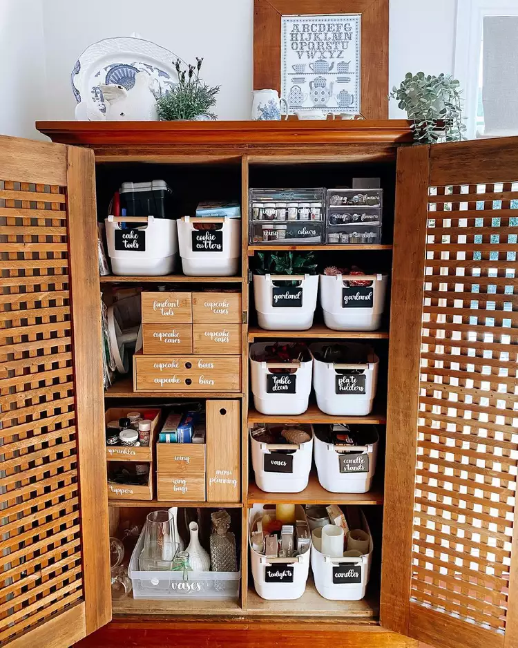 Labelled baskets in a pantry