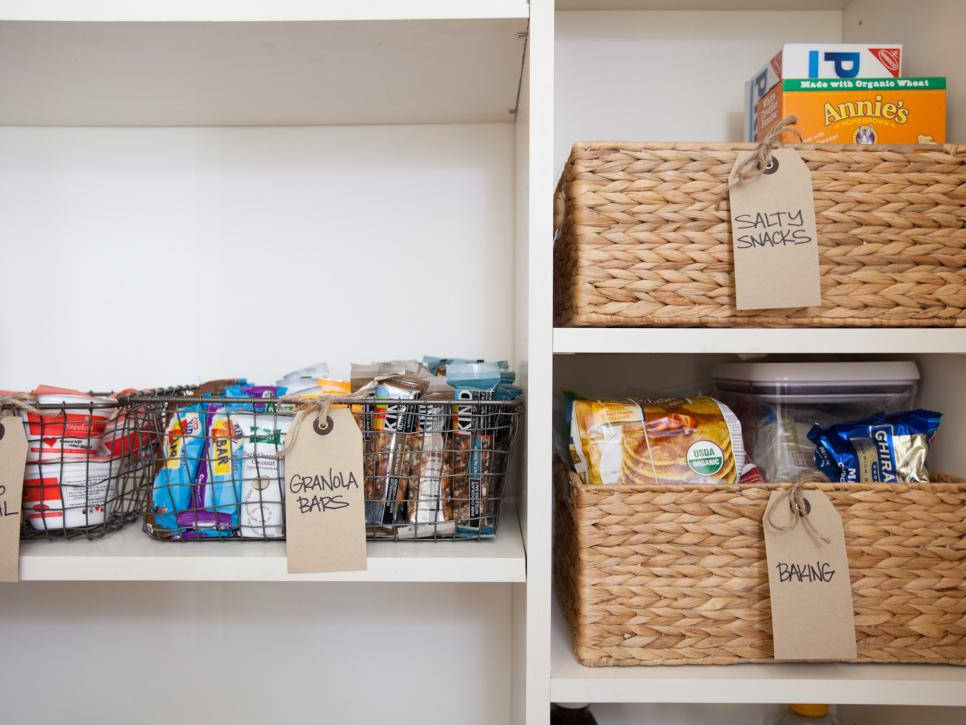 storage baskets to organize pantry