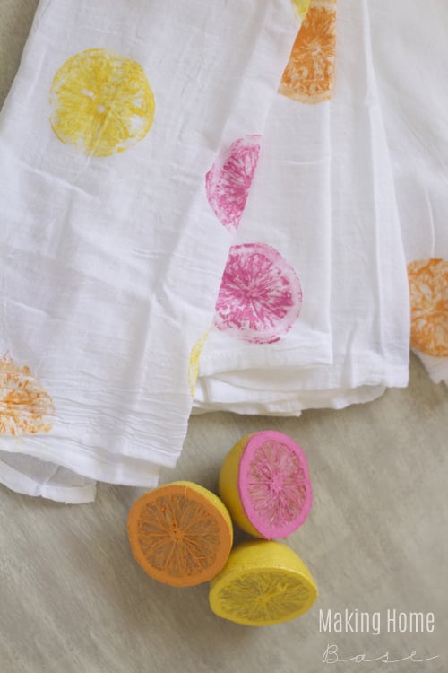 DIY stamped lemons on white flour sack tea towels