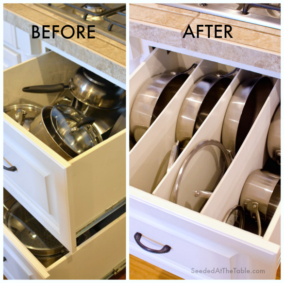 Before and after de-cluttering of pots and pans